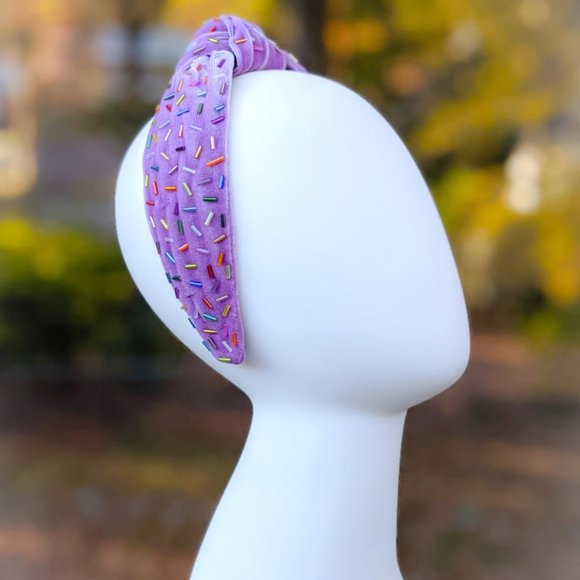 Lilac Confetti Beaded Knot Velvet Headband Rainbow Beads Handmade Knotted Turban